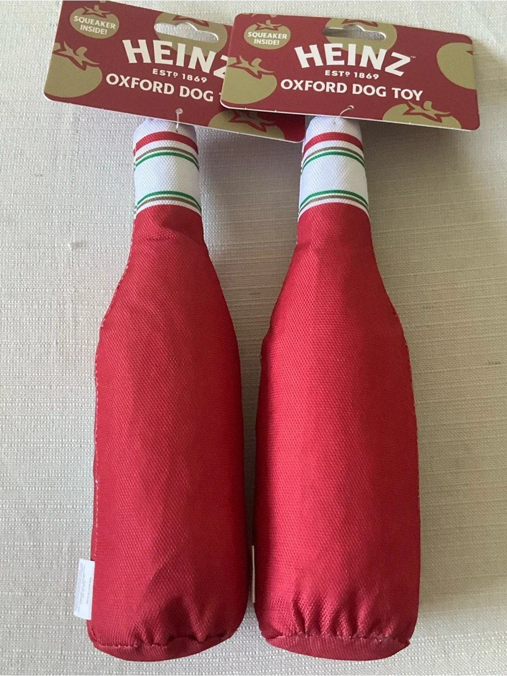NWT HEINZ 2pc Set Red Tomato Ketchup Bottle Plush Oxford Crinkle Sound Dog Toy